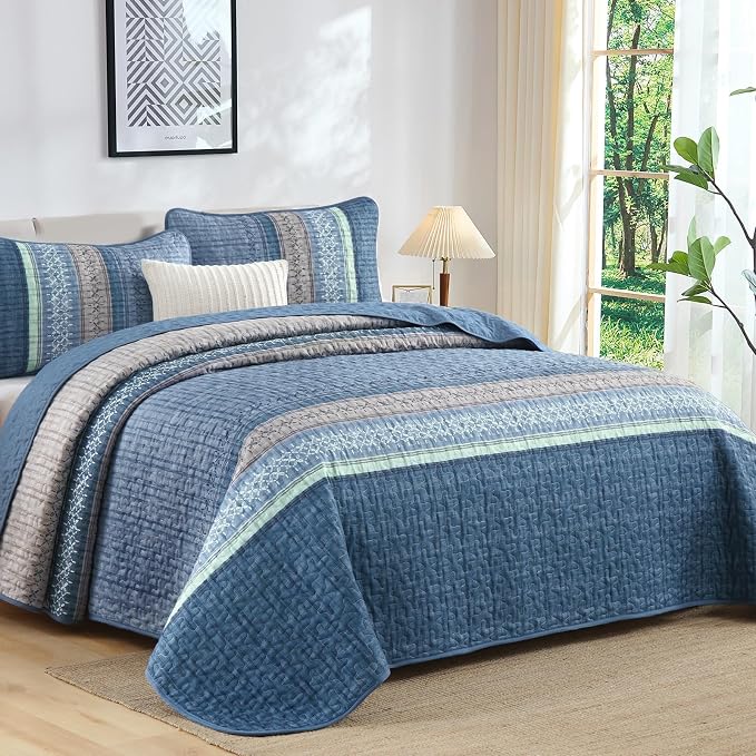 Cottolester Blue Quilt Set Queen, Striped Patchwork Quilt Bedding Set 3 Pcs | - Image 2