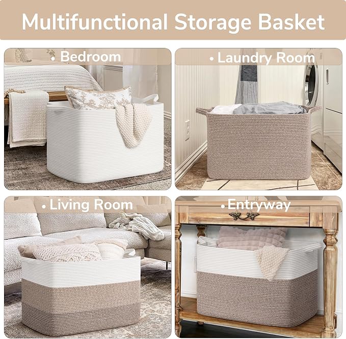 Goodpick 105L Extra Large Woven Rope Blanket Basket, Light Brown | 25'' x 16'' - Image 4