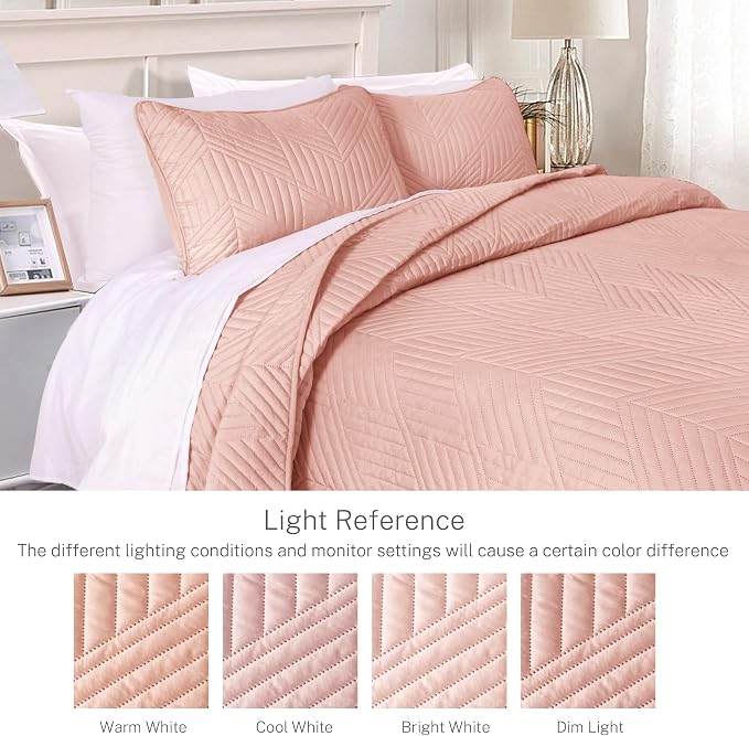 Exclusivo Mezcla Ultrasonic King Quilt Bedding Set, Blush Pink | Lightweight - Image 3