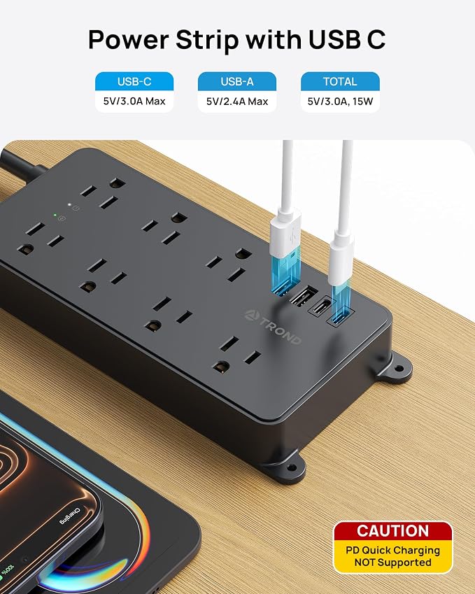TROND Surge Protector Power Strip, ETL Listed, Flat Plug 15ft Cord | 7 - Image 3