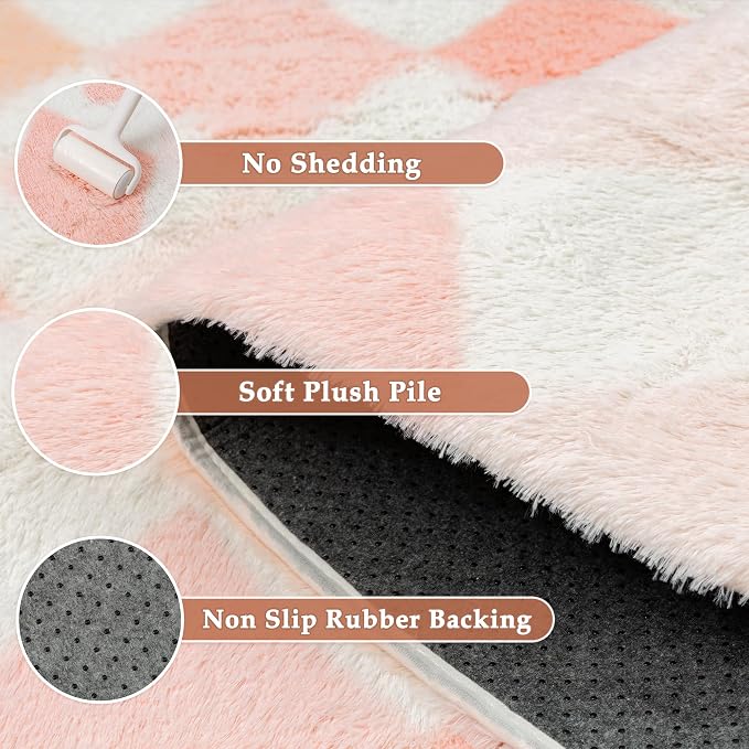 Pink 5x8 Area Rug for Living Room Soft Checkered Shag Carpet | Machine Washable - Image 6