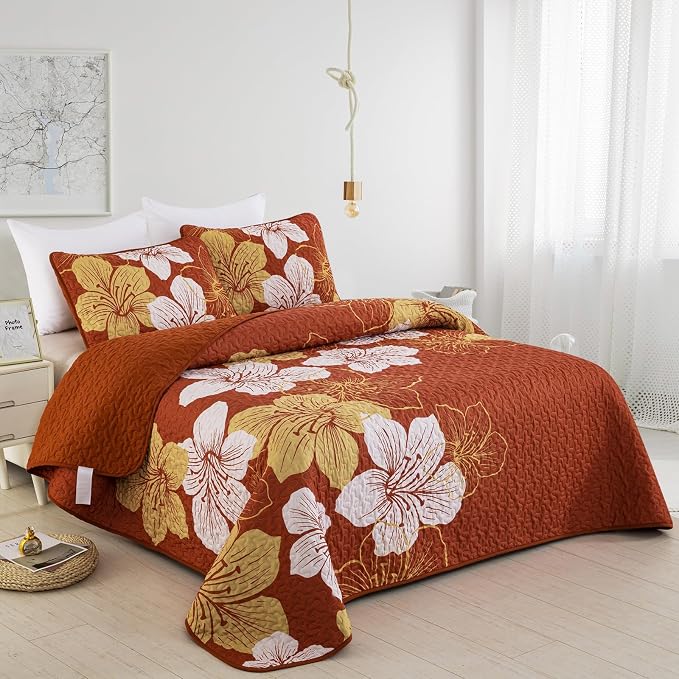 DJY 3 Pieces Fall Quilt Set California King Gold Floral Pattern Quilt Coverlet - Image 2