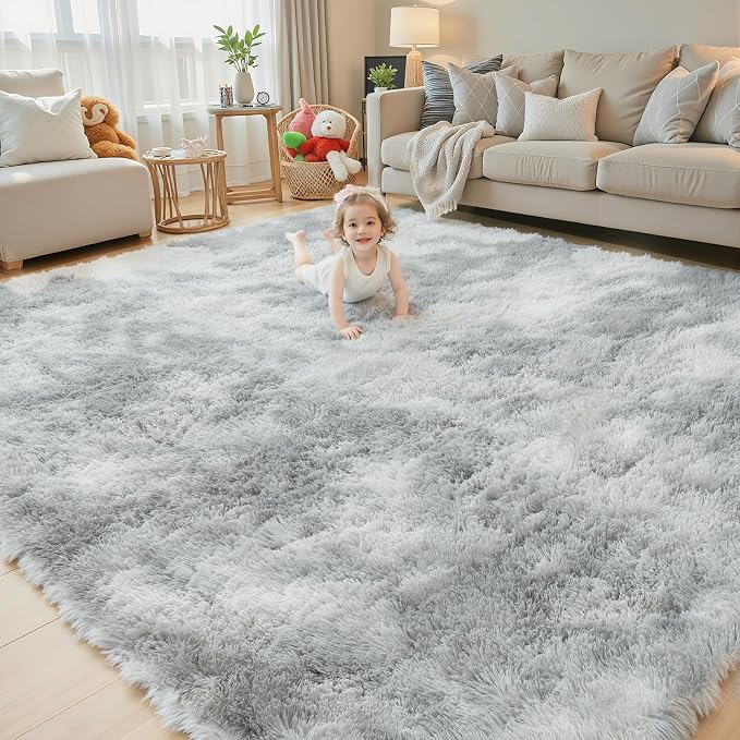 4x6 Area Rugs for Bedroom, Light Grey Tie-Dyed Fluffy Shag Bedside Rugs | - Image 7