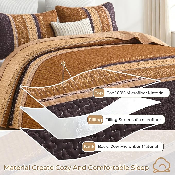 Cottolester Fall Quilt Set King, Burnt Orange Striped Patchwork Bedspread | - Image 3