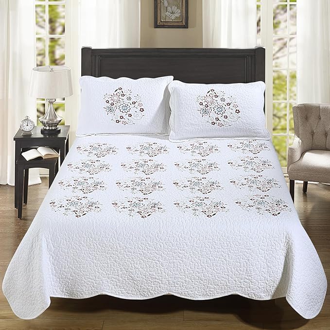ROOMLIFE Quilt Set Full Size 3D Floral Embroidery Pattern 3-Piece Cotton by ROOMLIFE