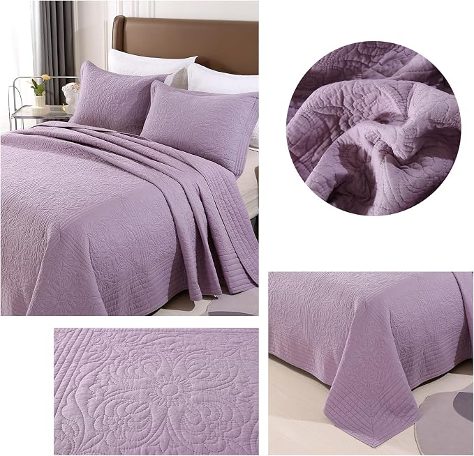 ROOMLIFE Quilt Set Queen Size 3D Floral Embroidery Pattern 3-Piece Cotton - Image 5