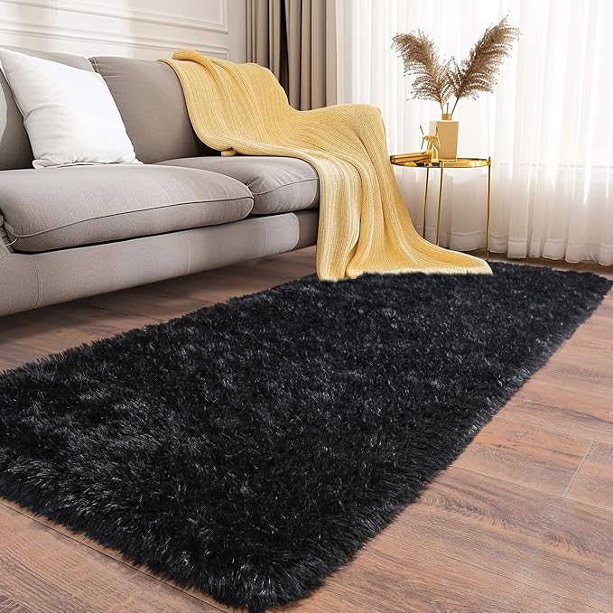Fluffy Shag Runner Rugs for Bedroom Hallways, 2x8 Black Long Soft Throw Area - Image 3