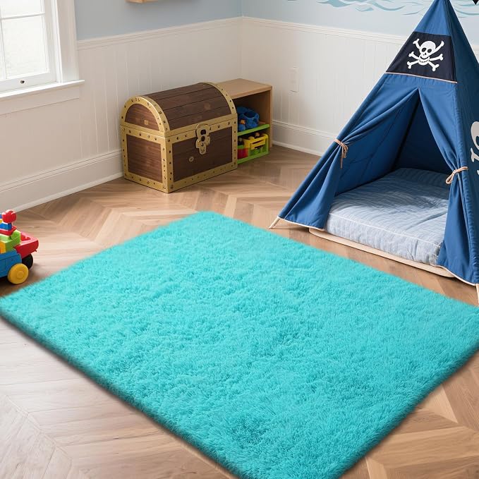 Teal Blue 5x8 Area Rugs for Bedroom, Fluffy Rug Bedroom Carpet Bedside Rug | - Image 3