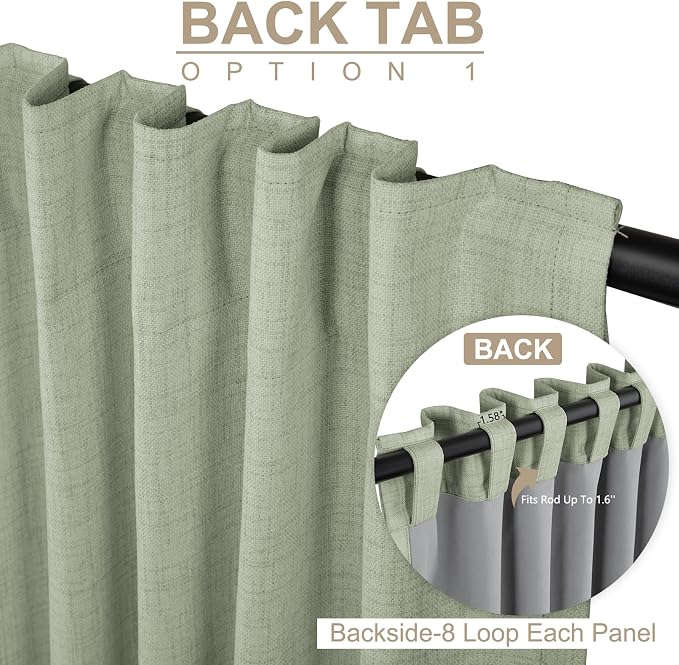 Faux Linen Total Blackout Sliding Door Curtains 108 Inches Long, Sage Green | - Image 3