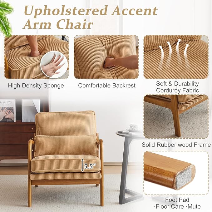 VINGLI Upgraded Premium Corduroy Accent Chairs Set of 2, Upholstered Arm Chair - Image 5