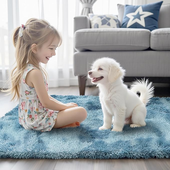 4x6 Area Rugs for Bedroom, Dark Blue Tie-Dyed Soft Fluffy Shag Bedside Rugs | - Image 2