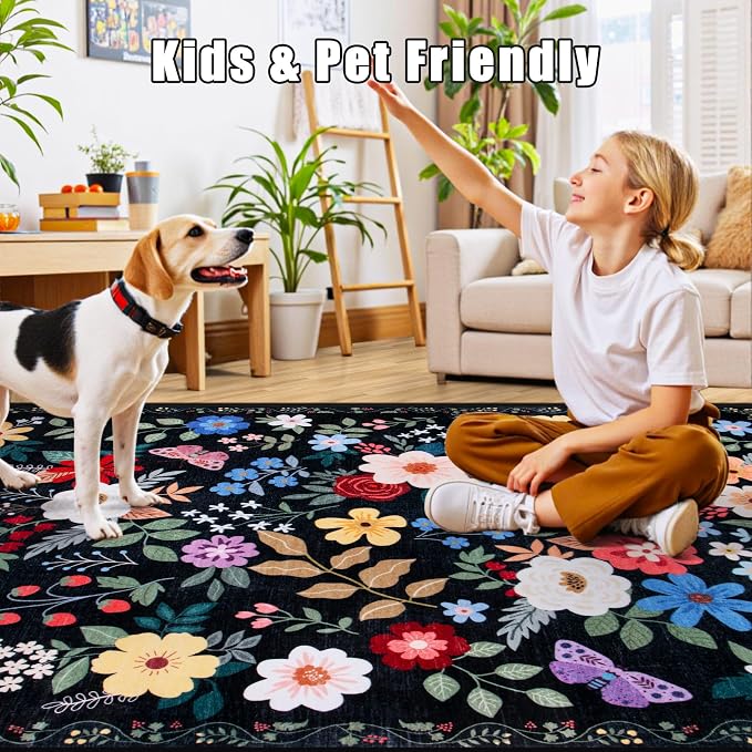 PLHXFR 6x9 Area Rug Living Room: Floral Washable Boho Soft Carpet Black | - Image 8