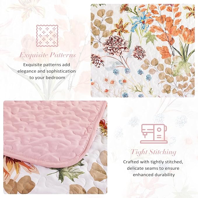 Yiran Pink Floral Quilts Queen Size, Sunflower Botanical Bedding Set | 3 Pieces - Image 7