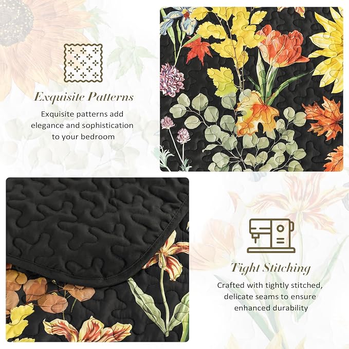 Yiran California King Quilt Black, Sunflower Floral Bedspreads Bedding Set | 3 - Image 7