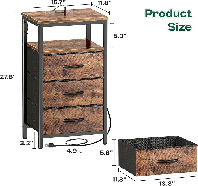 Huuger Night Stand with Charger Station and LED Lights, 3 Drawer Nightstand | - Image 3