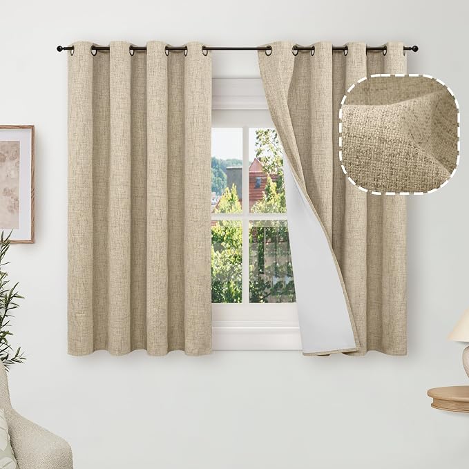 Linen Blackout Curtains 45 Inches Long, 2 Panels Each 52 Wide Burlap | Thermal by Lajode