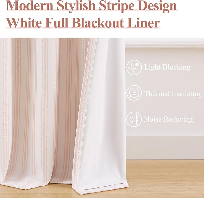 ZJDECOR 95 Inches Long Pink White Stripe Full Blackout Curtain Panels | Cotton - Image 2