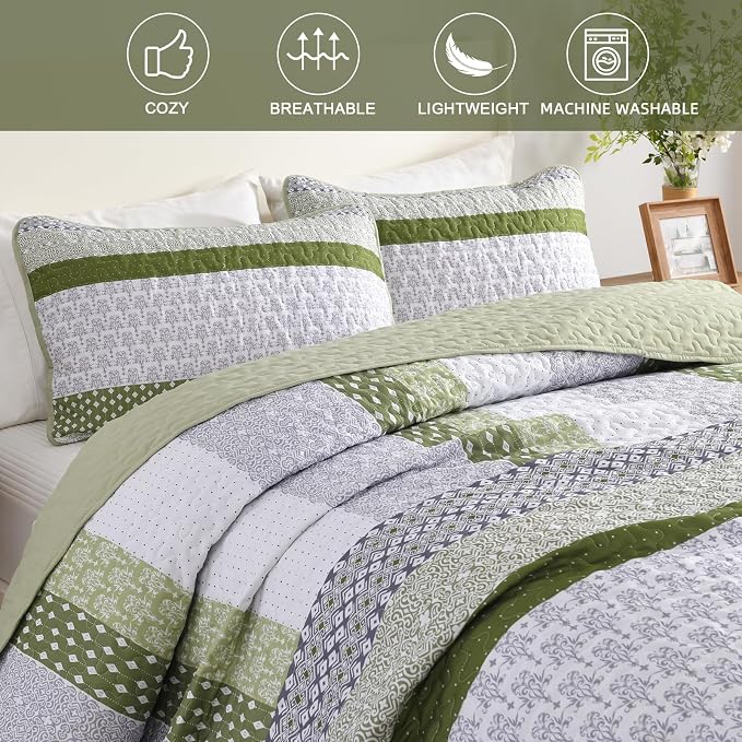 WONGS BEDDING Quilt Queen Size Olive Green, Bohemian Stripe Bedspread | 3 - Image 4