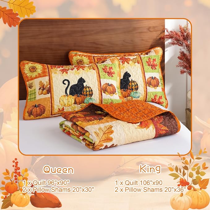 Yiran Happy Thanksgiving Harvest Fall Quilt Set Queen Size | Pumpkin Maple - Image 7