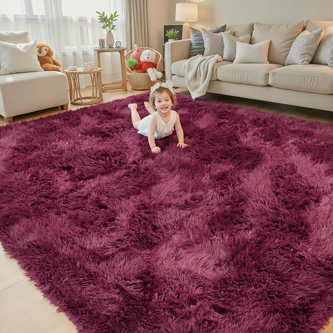 5x8 Burgundy Shag Area Rug for Living Room, Fluffy Plush Carpet | Non-Slip by Junhejiamei