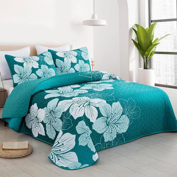 DJY Floral Queen Quilt Set Gradient Green Floral Quilt Coverlet Set 3 Pieces - Image 2