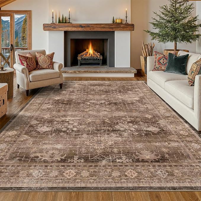 Boho Taupe Brown Living Room Rug 8x10 by HazoHaus