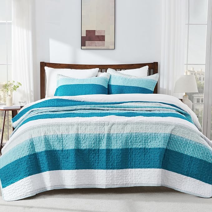 Queen Quilt Set Teal White, 3 Pieces Striped Bedspread | Ultra Soft Summer - Image 8