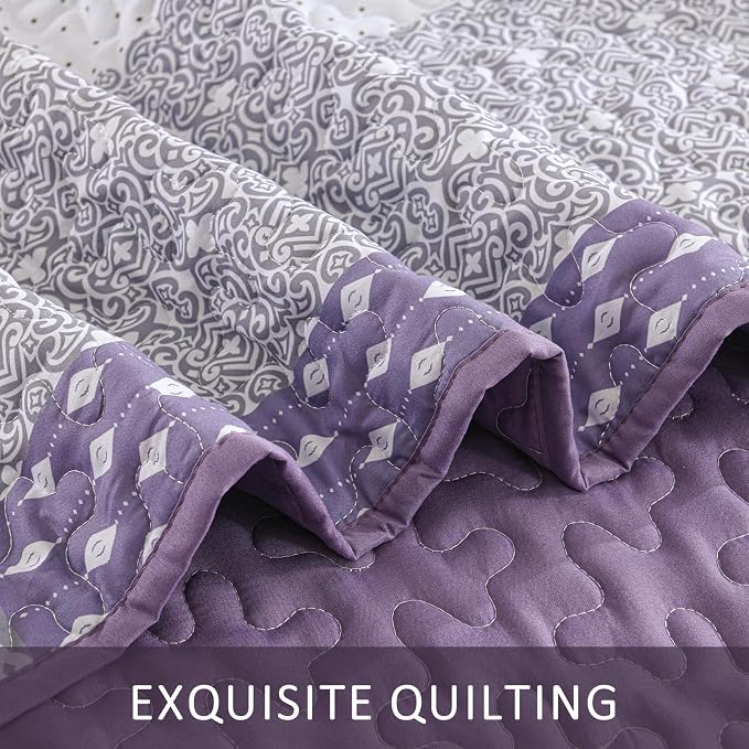 WONGS BEDDING Purple King Quilt Bedding Set, Bohemian Stripe Bedspread | - Image 7