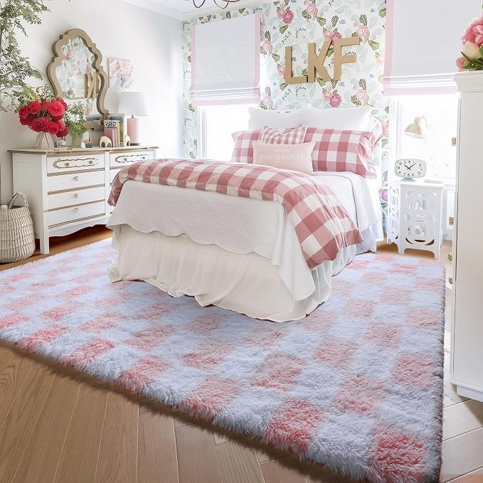 KICMOR 5x8 Area Rugs for Living Room, Light Pink and White Fluffy Shag Large - Image 3