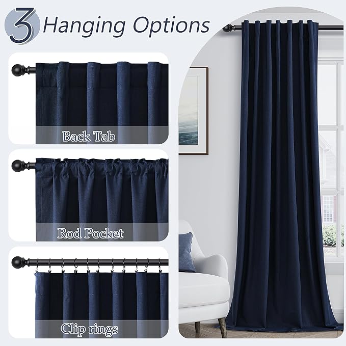 Navy Blue 100% Blackout Curtains 96 Inch Length 2 Panels Set - Image 6