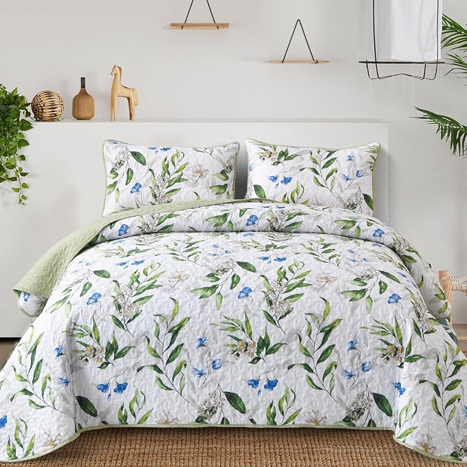 Anibedding Green Quilt Set King Size, 3 Pieces Floral Botanical Bedspread | by Anibedding