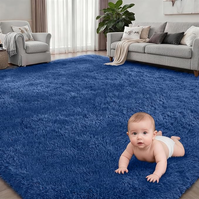 8x10 Area Rug Living Room Bedroom: Fluffy Plush Shag Carpet Blue | - Image 2