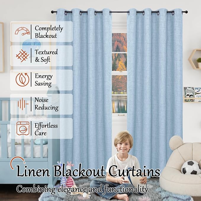Baby Blue Linen Blackout Curtains 84 Inch Long Each 60 Wide 2 Panels | Thermal - Image 2