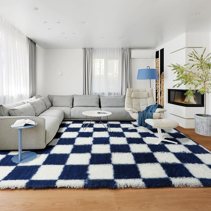 KICMOR Large Area Rug for Living Room 6x9, Big Fluffy Shag Fuzzy Navy Blue and - Image 5