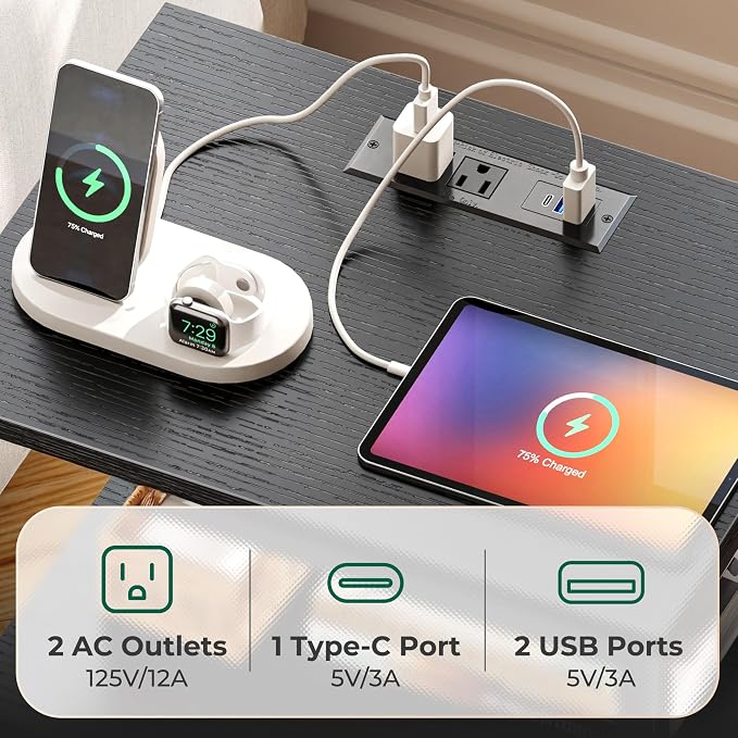 Huuger Night Stand with Charger Station and LED Lights, 2 Drawer Nightstand | - Image 6