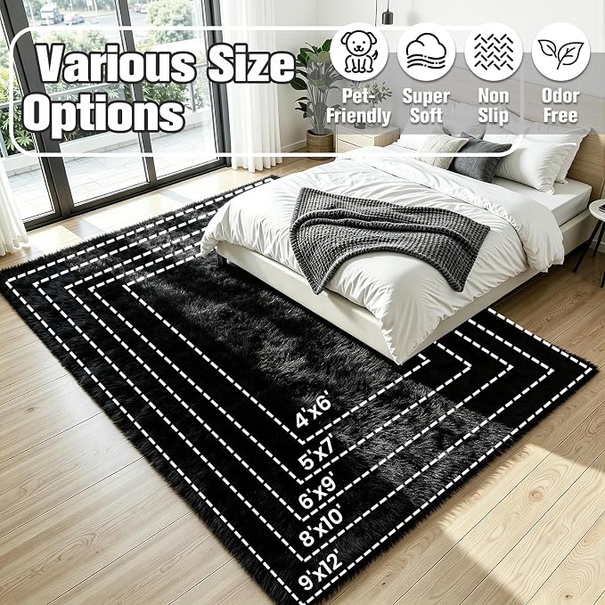 9x12 Fluffy Area Rug for Living Room: Soft Non-Slip Black Bedroom Carpet | - Image 8
