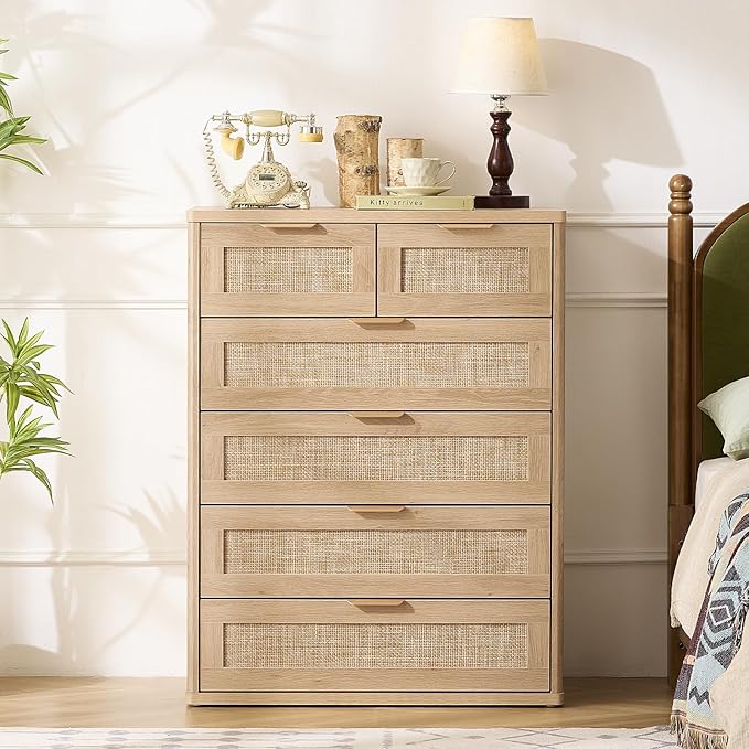 LEYAOYAO Rattan Dresser for Bedroom, Oak Modern 6 Drawers Boho Dressers - Image 6