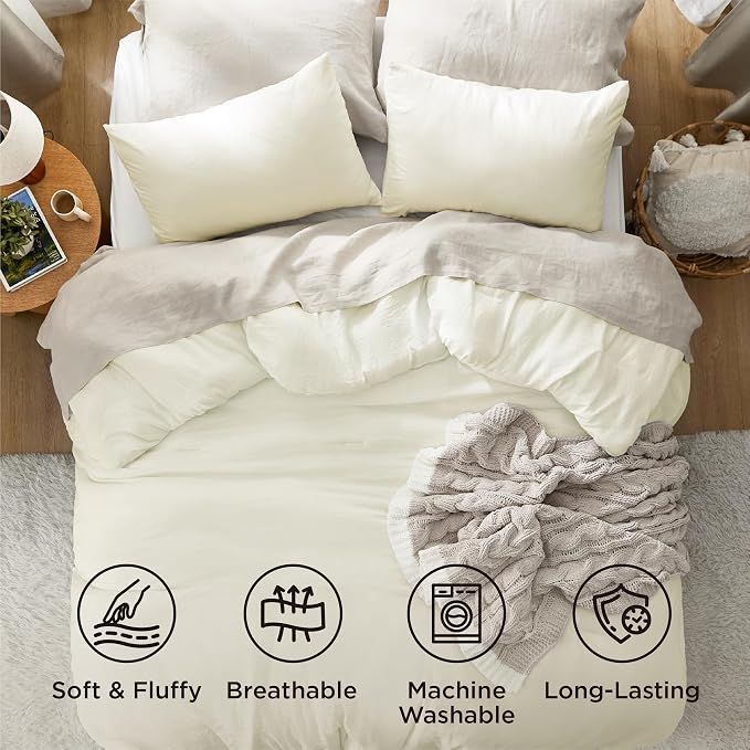 Bedsure Oversized Queen Comforter Set, Ivory Soft Prewashed Bedding - Image 4