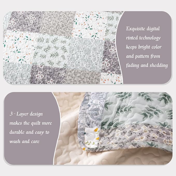 Whale Flotilla Patchwork Quilts Queen Size, Extra Soft Floral Bedspreads | Grey - Image 5