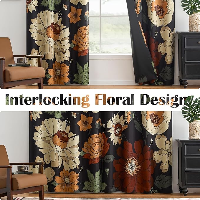jinchan Black Boho Floral Blackout Curtains 84 Inch Grommet 4 Panels | Room - Image 5