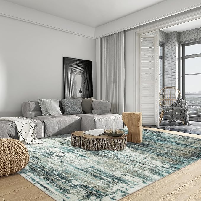 9x12 Area Rugs for Living Room: Washable Abstract Teal Green Badroom Carpet | - Image 3