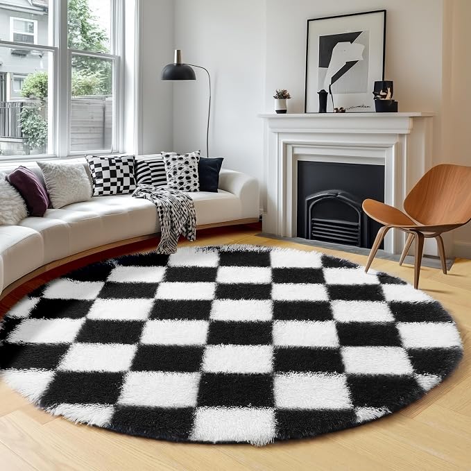 KICMOR Round Rugs 5ft for Bedroom Living Room, Indoor Checkered Circular Rug - Image 3