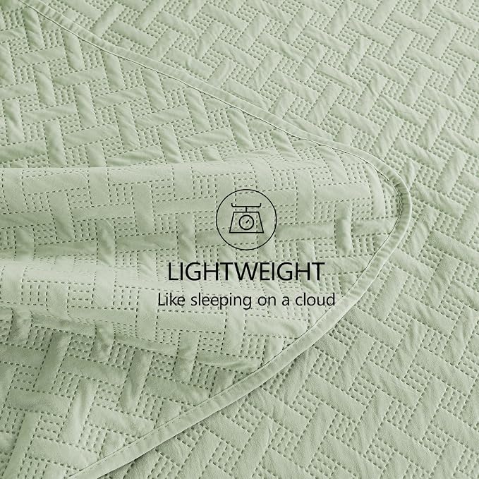 FLYMME Quilts King Size, Lightweight Sage Green Bedspreads, Basket Weave Pattern - Image 7