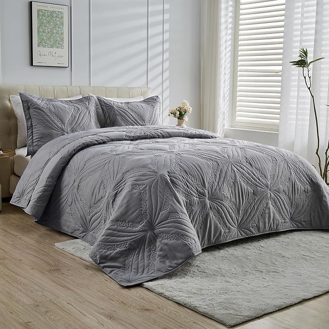 Kingnex Oversized King Bedspreads 128x120 Ultrasonic Quilted Grey | Extra Wide by Kingnex