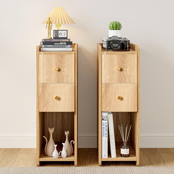 Narrow Nightstand Set of 2, Wooden Small 2 Drawer Nightstand, Slim Side End by FurSchFurniture
