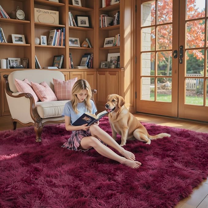 5x8 Burgundy Shag Area Rug for Living Room, Fluffy Plush Carpet | Non-Slip - Image 8
