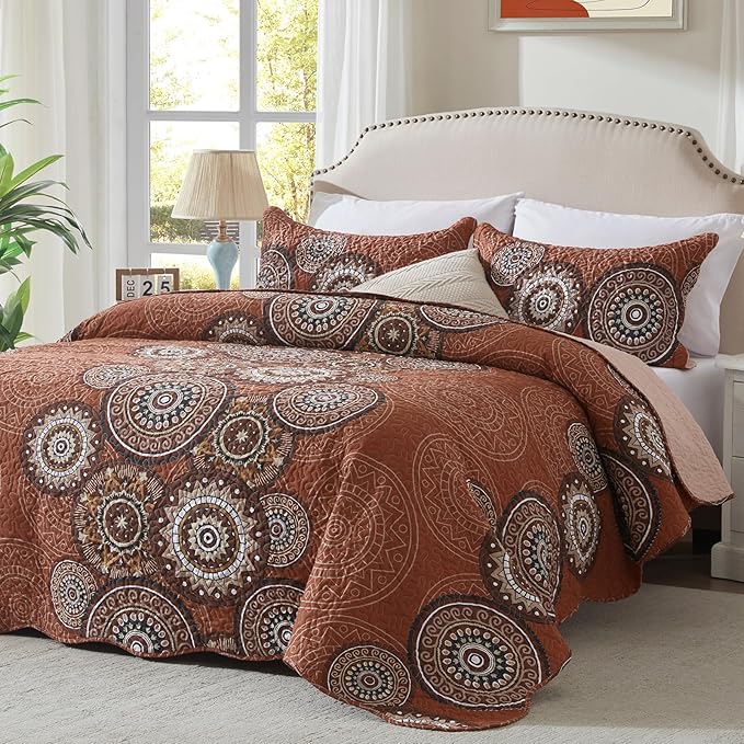 3-Piece Full Queen Size Burnt Orange Rust Quilt Set Lightweight Oversized by LEAONME