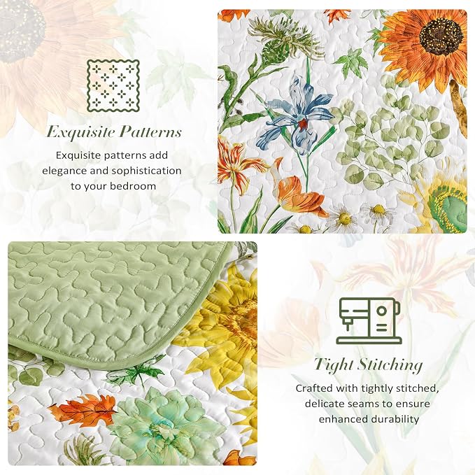 Yiran Floral Quilts Queen Size, Sunflower Botanical Bedspreads, Sage Green | - Image 7