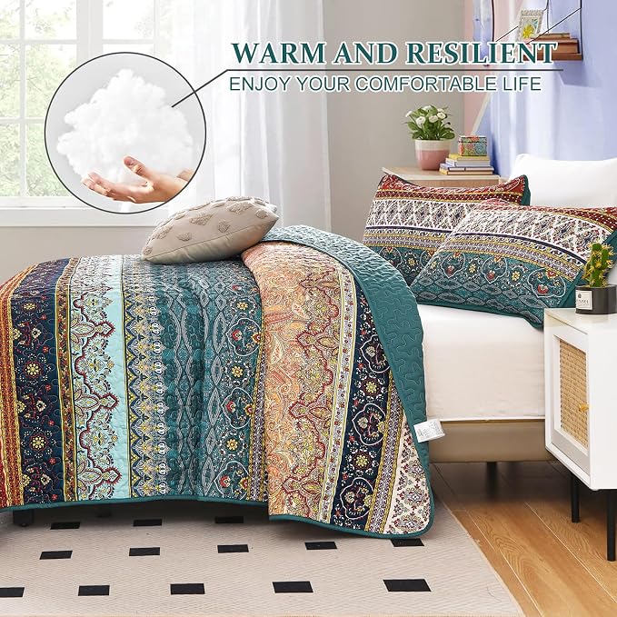WONGS BEDDING Boho King Quilt Bedding Set, 3 Pieces Bedspread, Breathable - Image 3