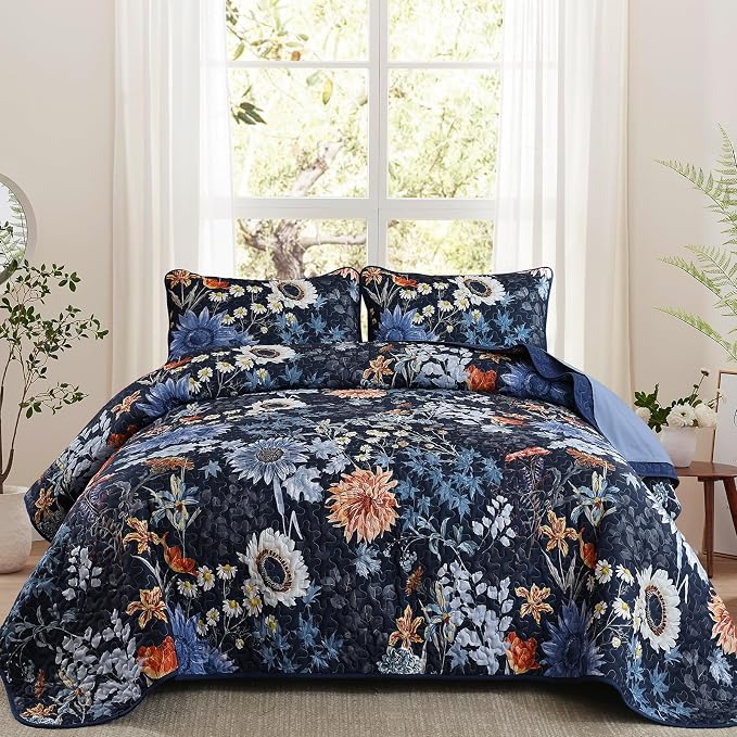 Yiran Navy Blue Sunflower Floral Quilt Set Queen Size | Botanical Bedspread by Yiran